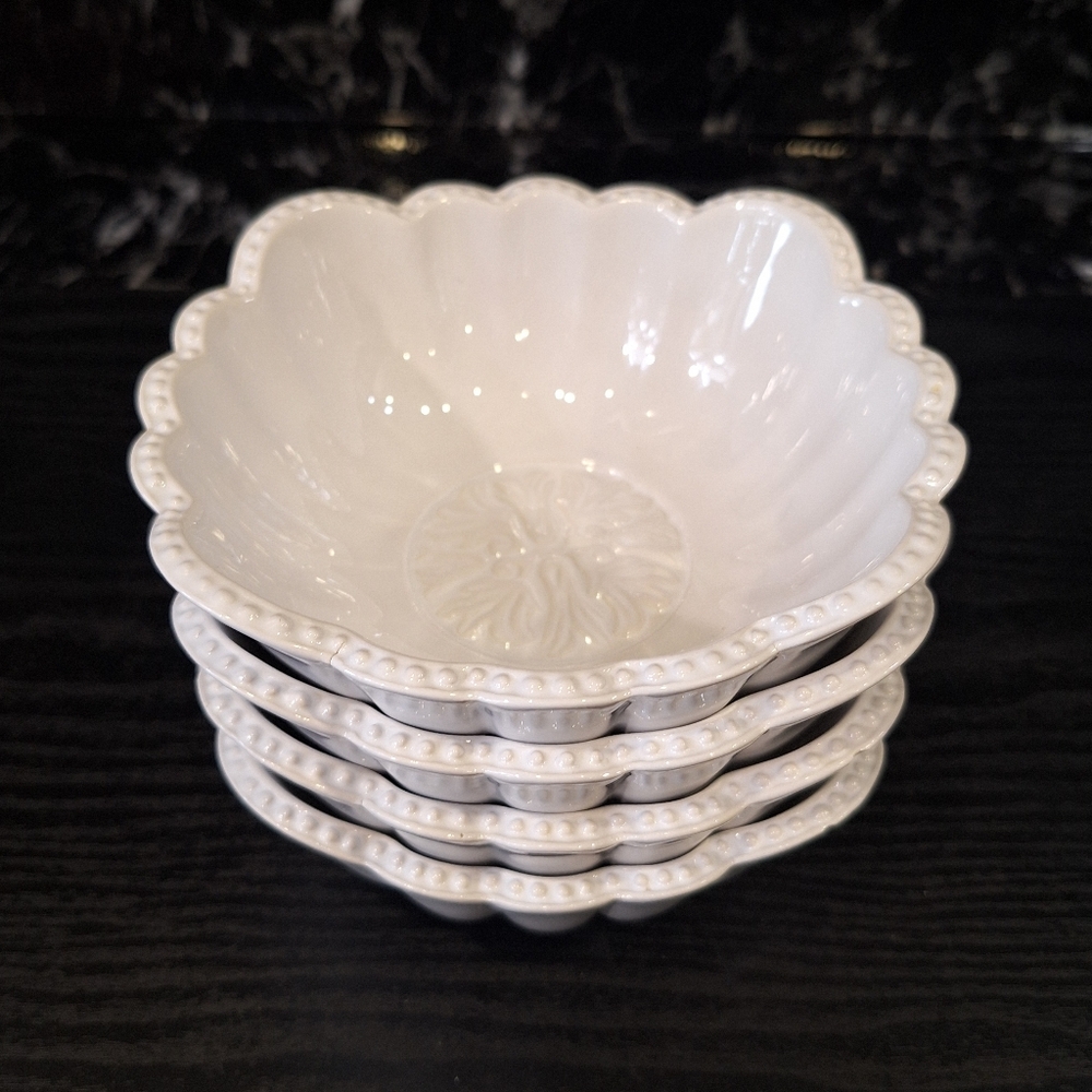 4 Ornate White Cream Ceramic Bowls, Joshua Maxwell Studio, Hampton Flower Bowls